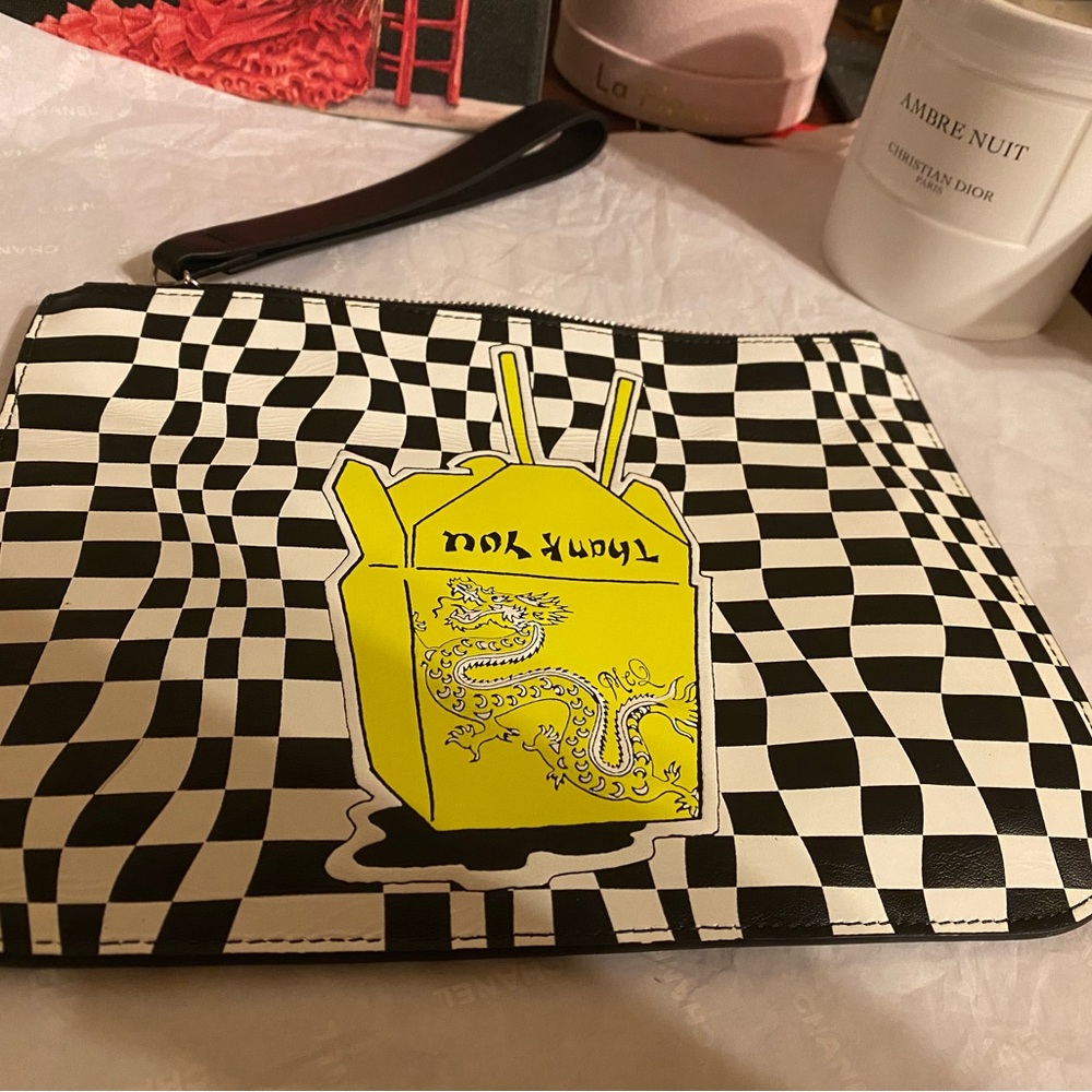 Authentic McQ Alexander McQueen Checkered Clutch with Yellow Dragon Design
